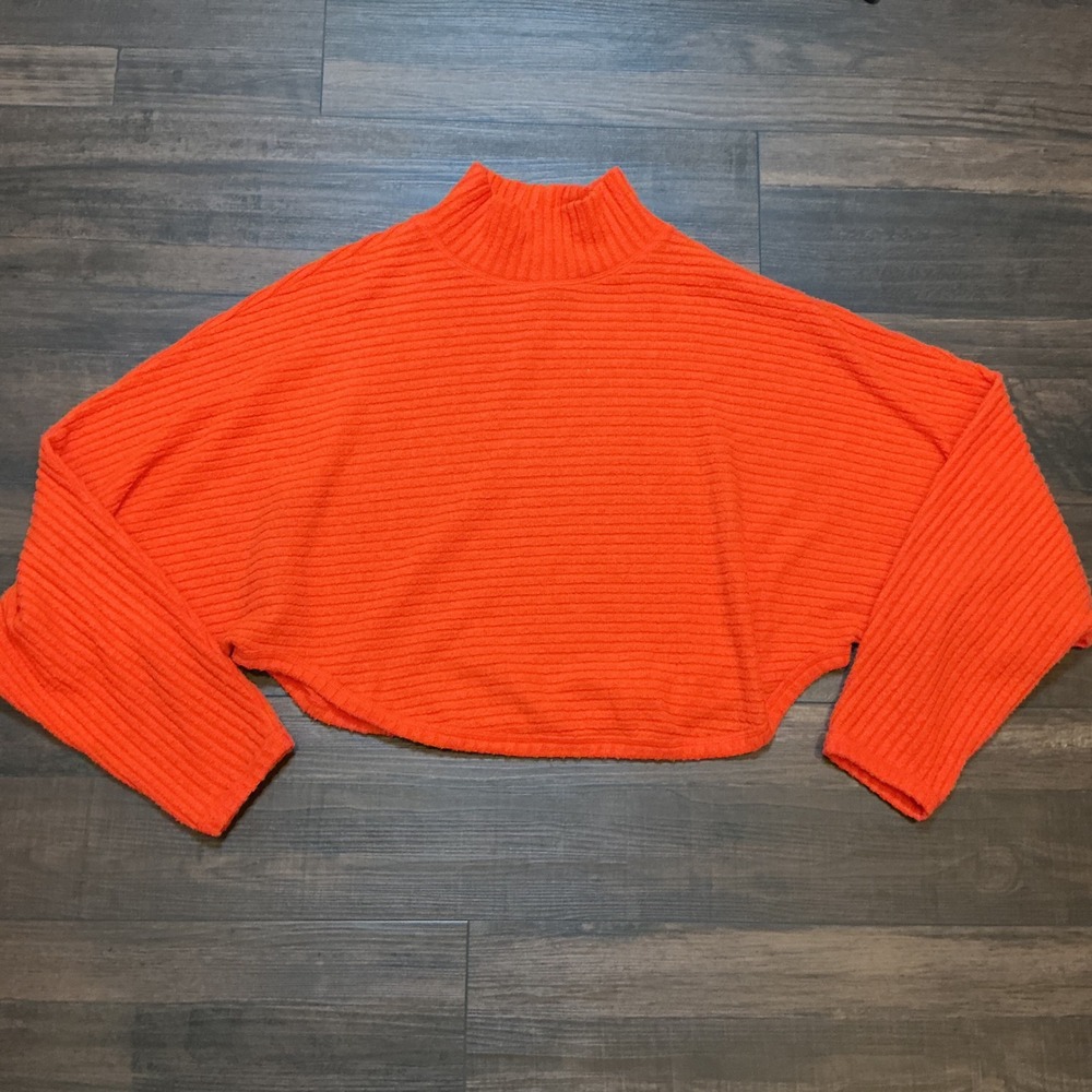 Pilcro Ribbed Mock Neck Cropped Sweater Orange Oversized Batwing S Boho Cozy